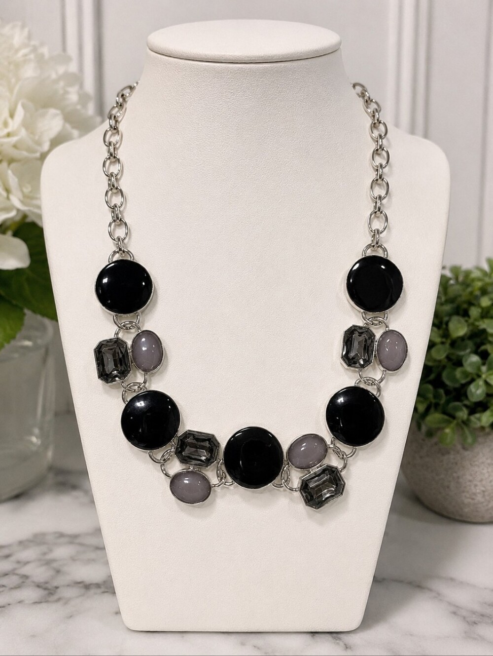 Black Gray Statement Bib Necklace Silver Tone Geometric Faceted Stones